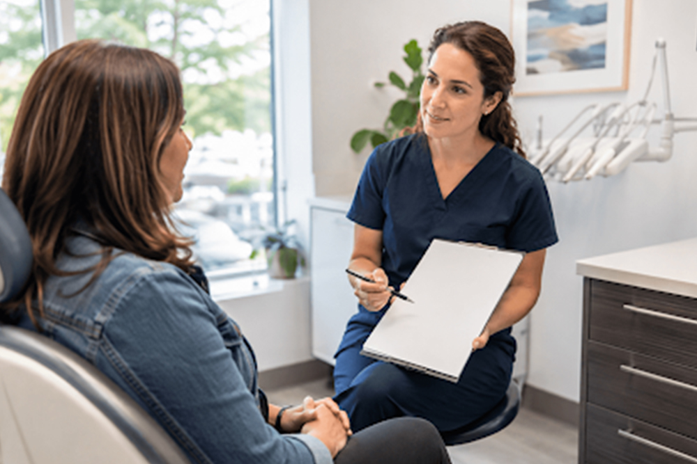 Patient discussing Canadian Dental Care Plan coverage and dental treatment costs with a dentist in Cambridge.