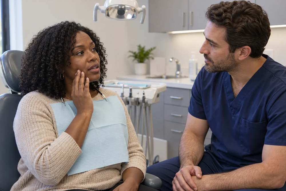 Patient touches her cheek while discussing a dental concern with a dentist beside her chair.
