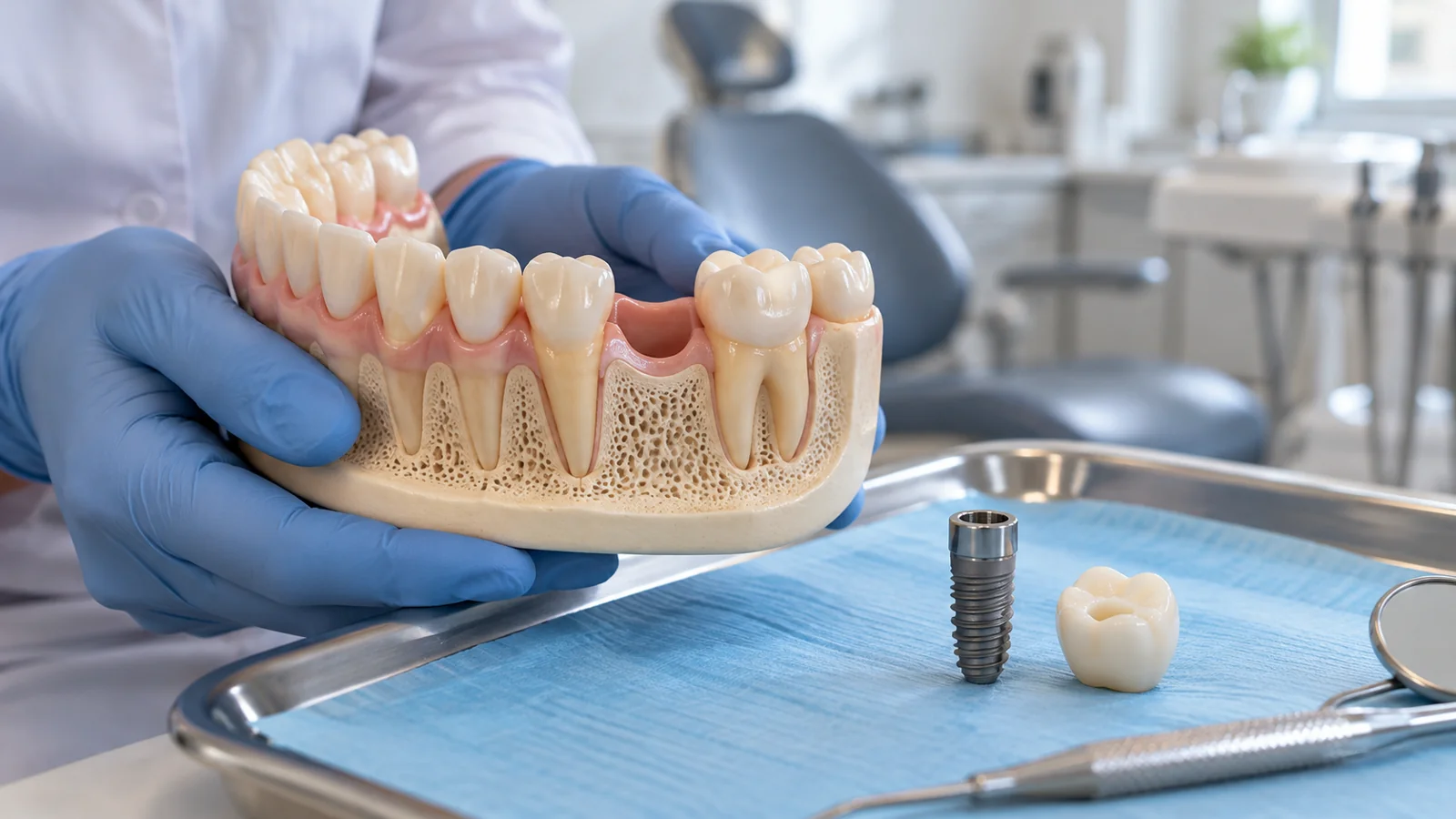 Dentist discusses implant and tooth replacement options for a long-standing missing tooth.